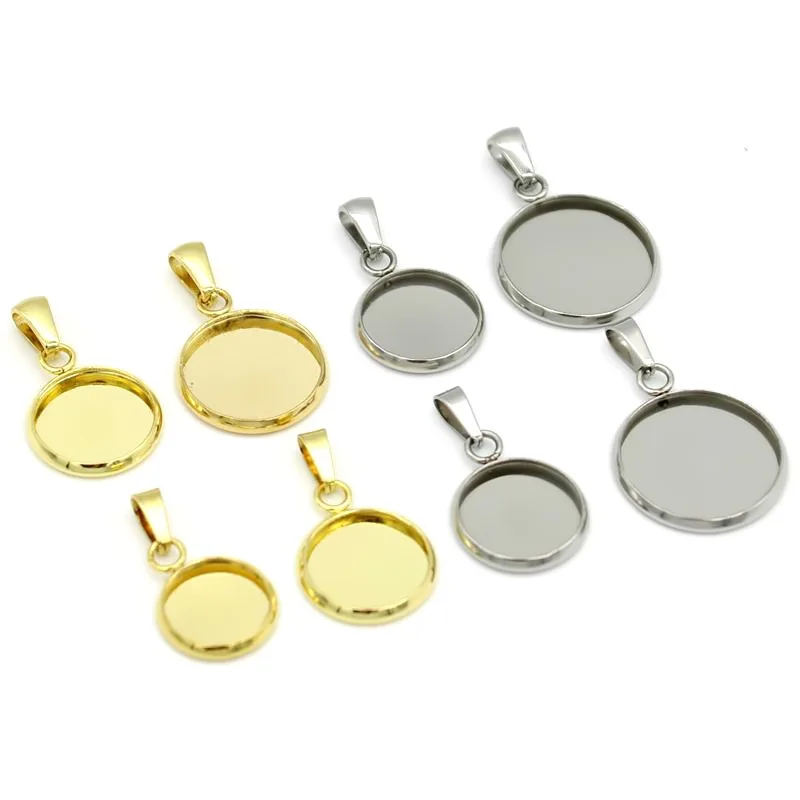 wholesale PVD Gold Stainless Steel Round Blank Bezel Pendant Connector Trays Base Cabochon Settings Trays for Jewelry Making