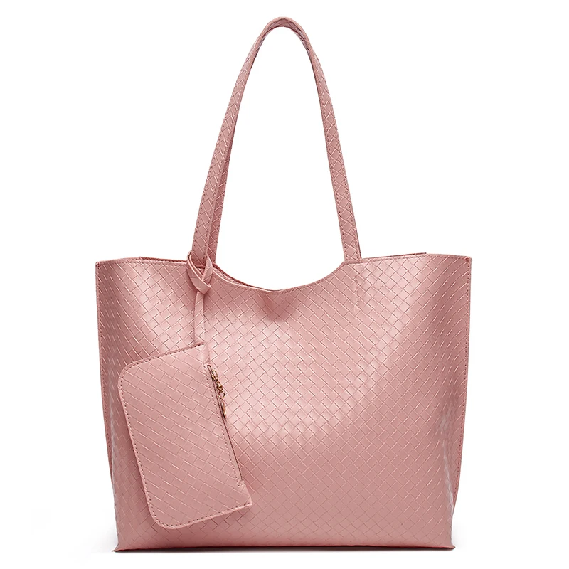 
New Model PU Leather Woven Pattern Designers Ladies Tote Bags Handbags with Mini Purse Pouch 
