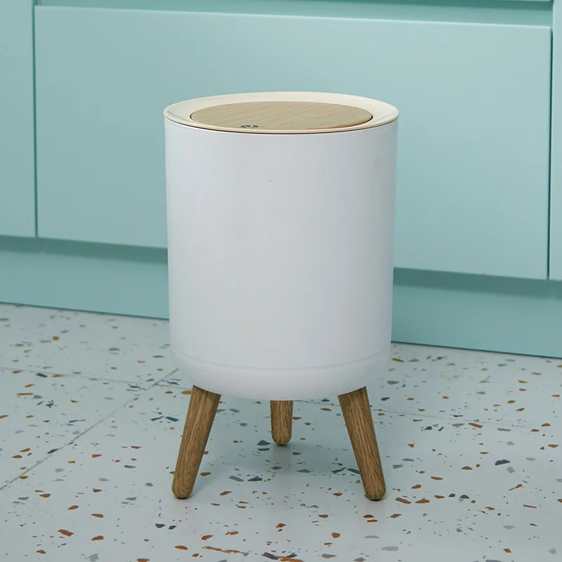 Household Innovative Waste Bins Hotel Wood Grain Press Tall Plastic Trash Can with Lid