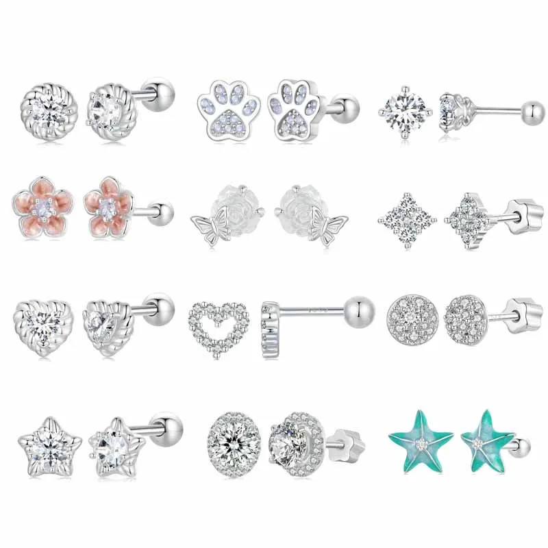 Fine Jewelry S925 Sterling Silver Threaded Studs Blue-Green Starfish Earrings Cute Pink Pet Paw Print Earrings For Women Gift
