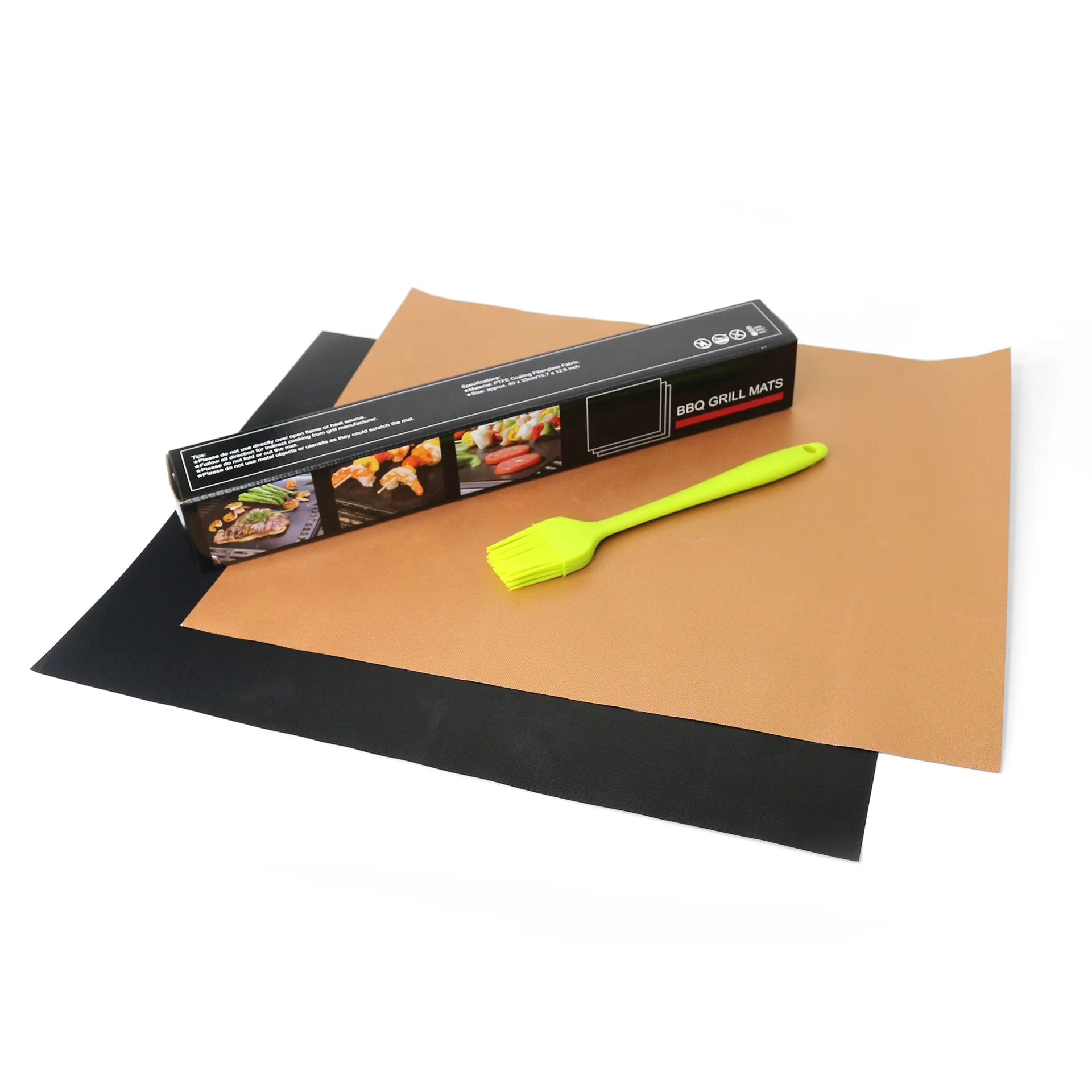 Food Grade Easy Clean BBQ Tool Set 3 Pieces Non-stick Heat Resistant PTFE Copper Grill Mats with Brush Set