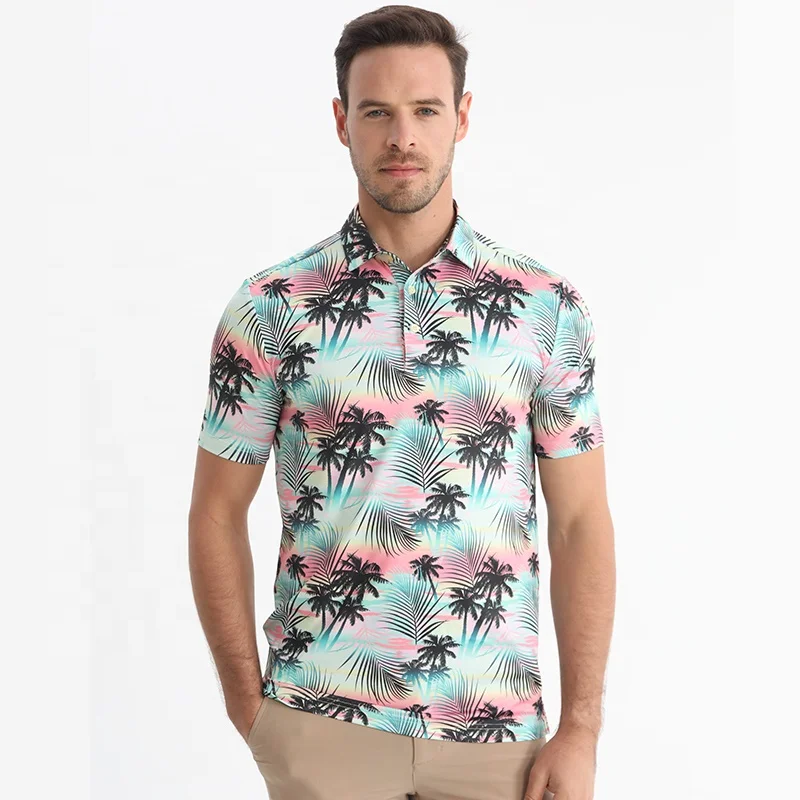 Golthan Wholesalew Print Polo Shirt 92 Polyester 8 Spandex Breathable Men Four-way Stretch Sleeve Custom Golf Shirts