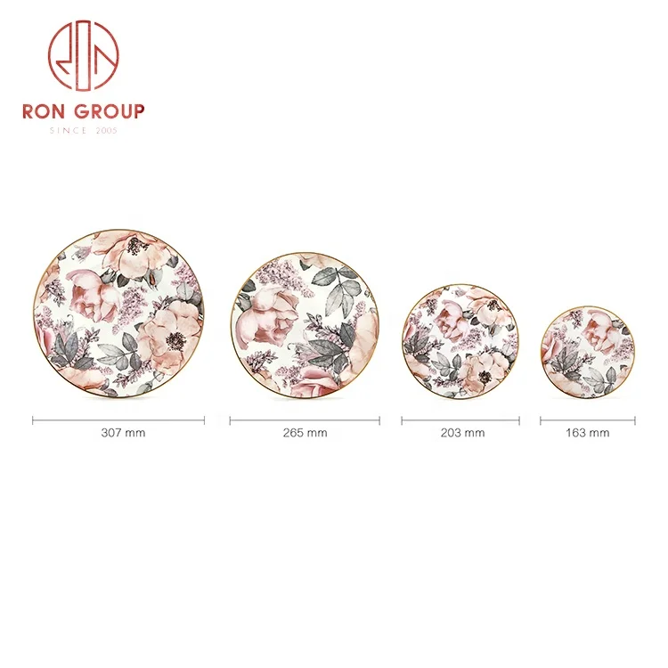 wholesale customized hand painted bone china luxury dish set plate pink floral steak cake dessert tableware dinner plates