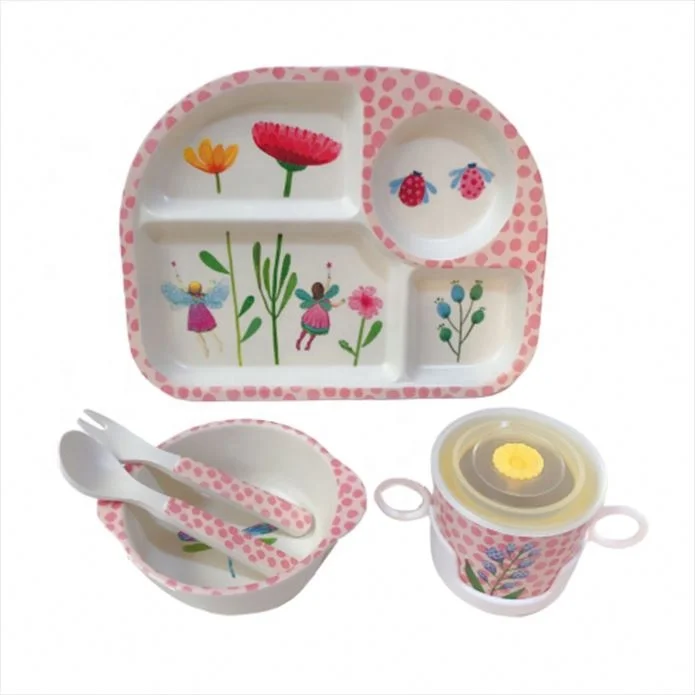 rectangle gray  cloud 4 divided bamboo fiber kid dinner ware set with cups