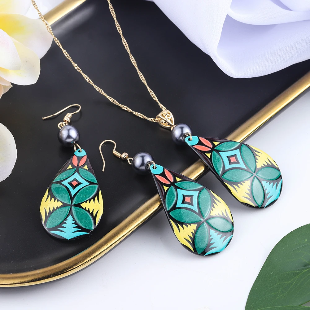 SophiaXuan new samoan Fashion Blue Aegis Necklace Acetate Acrylic Earrings Wholesale Hawaiian Jewelry Set