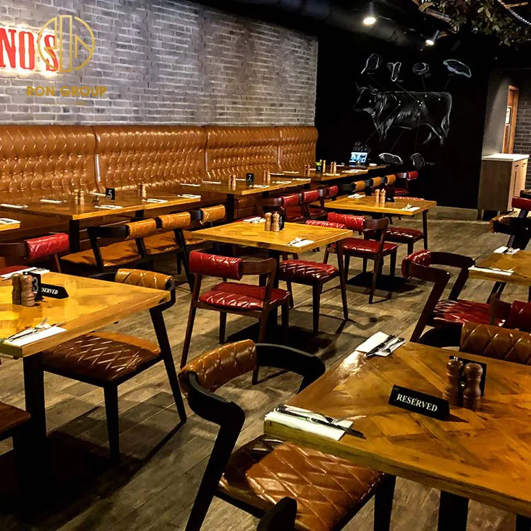 Leather bench sofa Coffee Shop Custom Commercial furniture solid cafe seating wood wooden restaurant booth table and chair set
