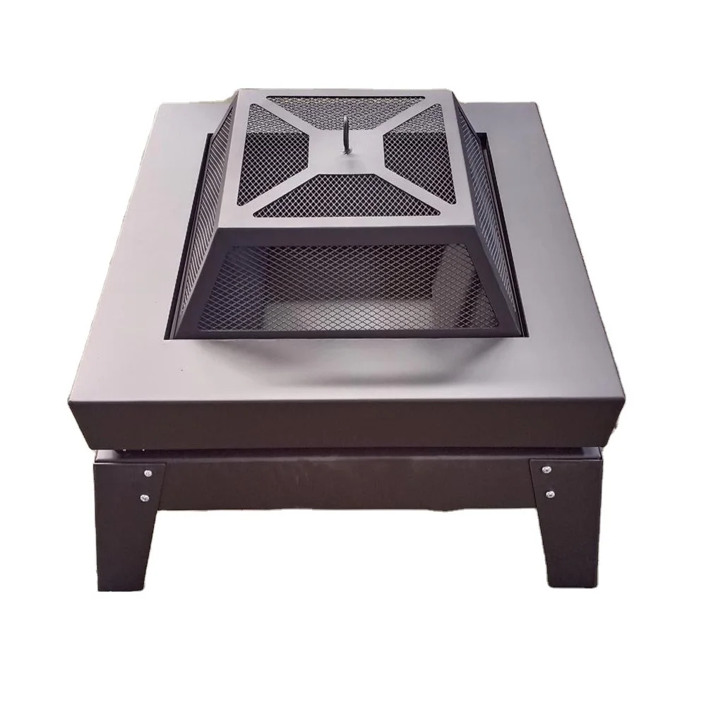 One stop delivery outdoor steel camping BBQ square fire pit stove with grill and mesh cover