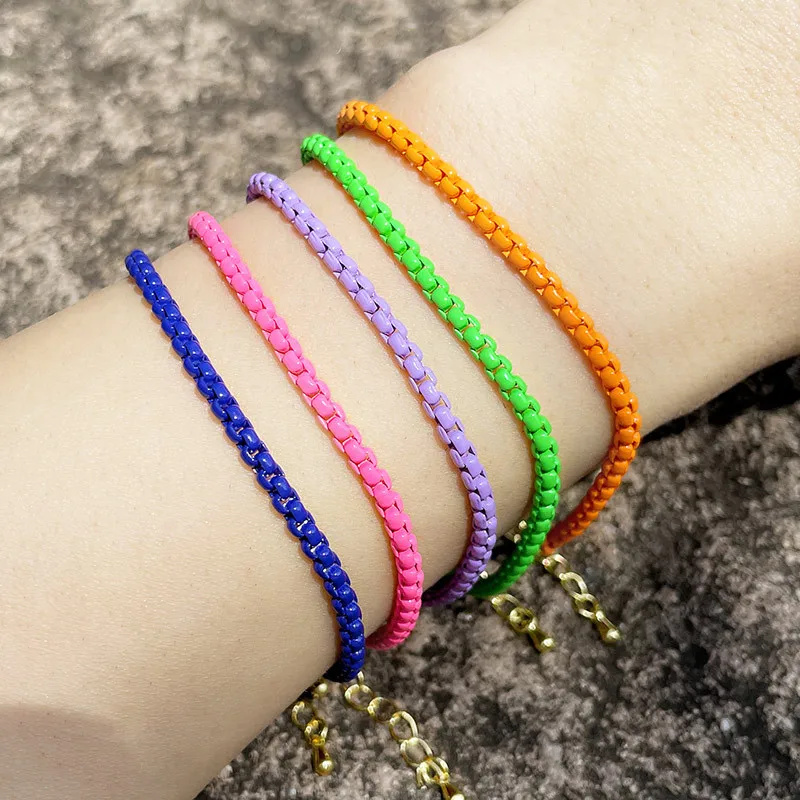Fashion Fluorescent Color Spray Paint Copper Chain Bracelet Simple Tennis Chain Sports Hip Hop Bracelet Couple Friends Jewelry