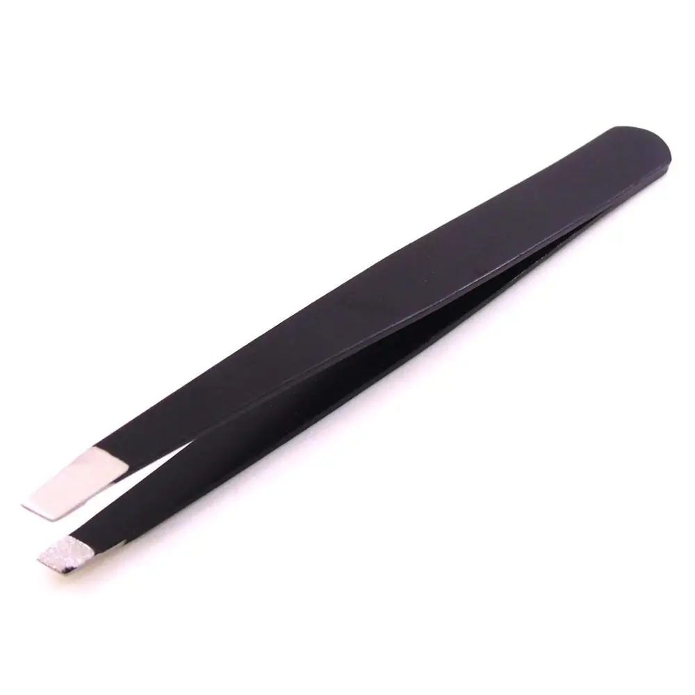 Private Label Logo Stainless Steel Black Slanted Tip Eyebrow Tweezers Clip