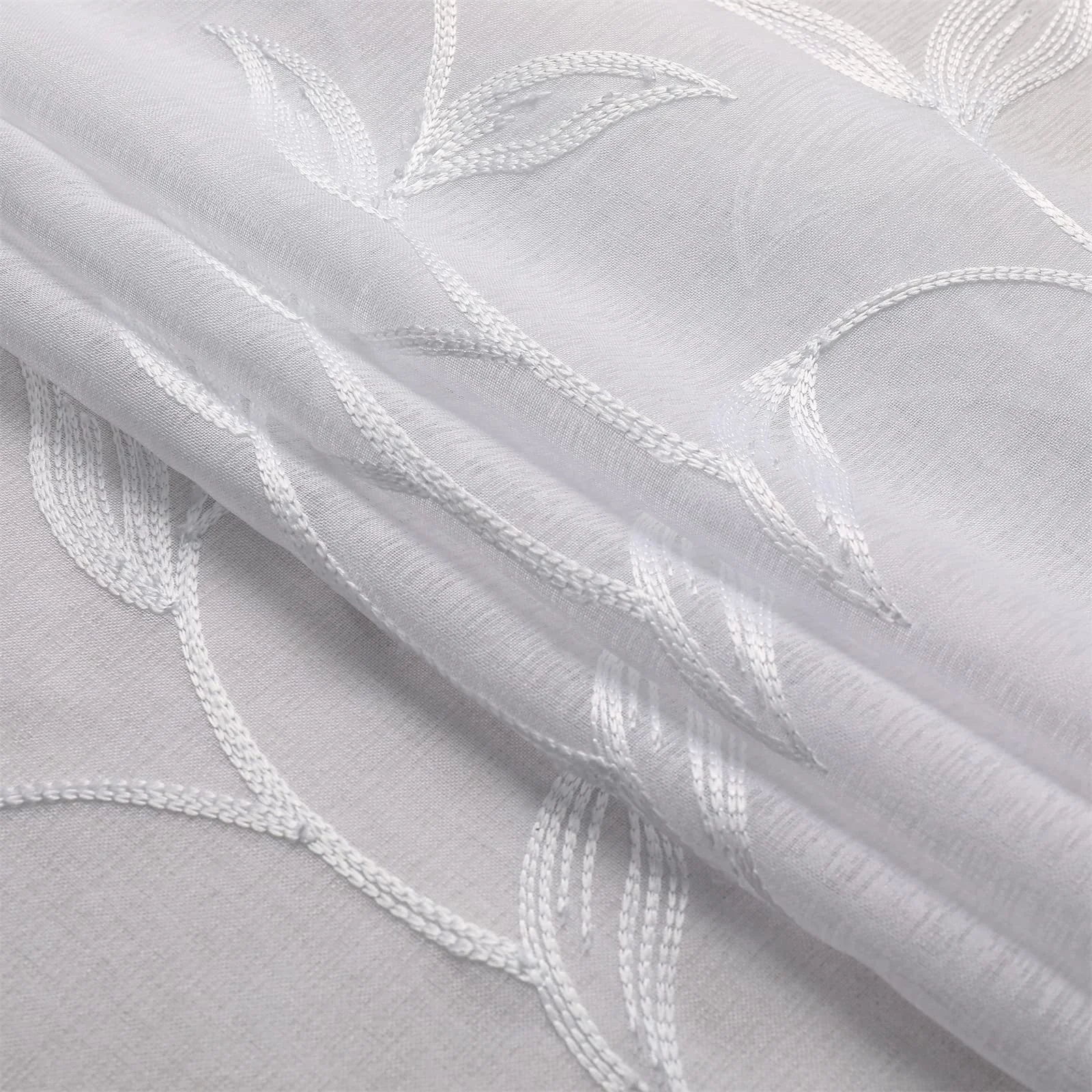 Bindi White Sheer Voile Curtains European Flower Leaf Embroidery Faux Linen Rod Pocket Window Drapes for Home Kitchen