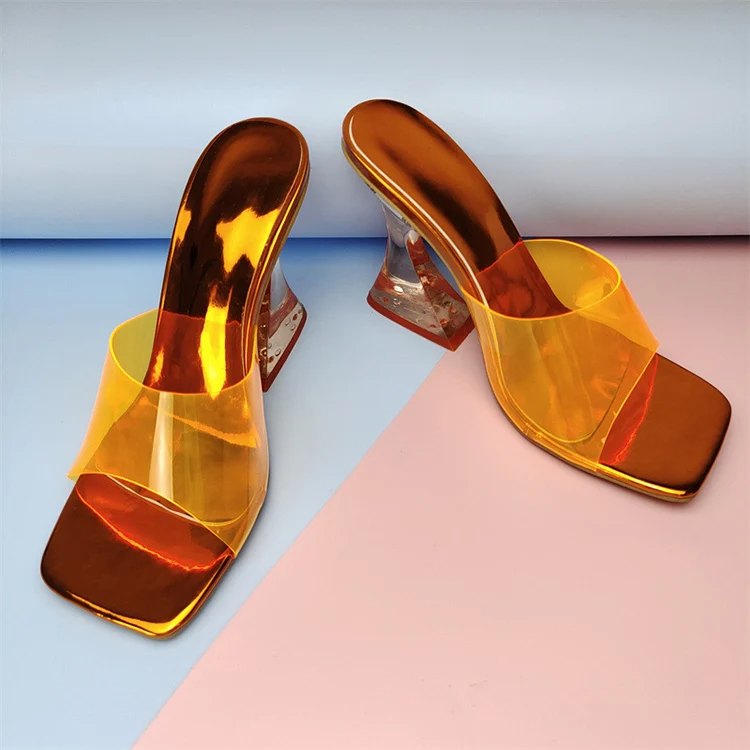 New Arrivals 2021 Shoes Square Toe Crystal Transparent Sandal Heels For Ladies PVC Slip On Womens Colorful Slippers