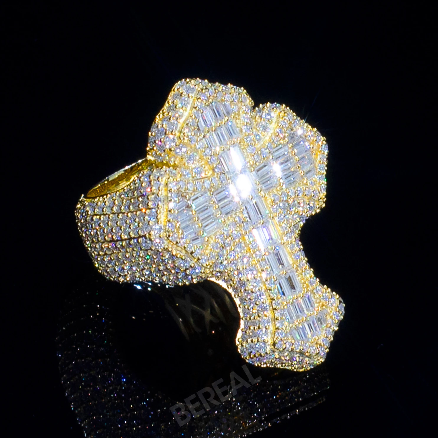 Wholesale 14K 18K Gold Vvs Moissanite Cross Men Ring Hip Hop Style Iced Out 925 Silver Diamond Cuban Link Six-pointed Star Rings