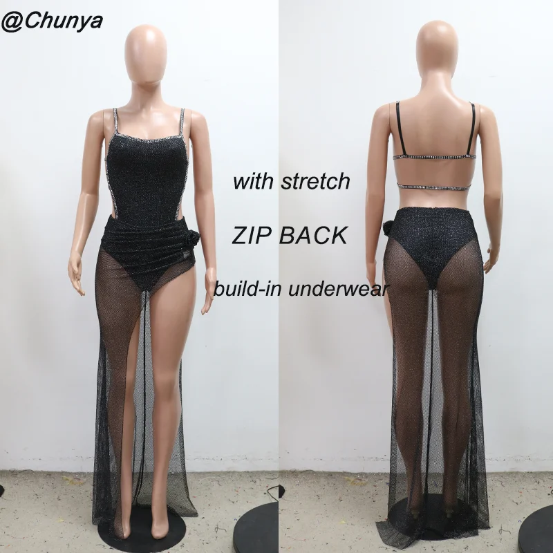 CY901122 Chic Irregular Slim Dress Backless Mesh Flower Detail Night Club Party Concert Dresses Woman