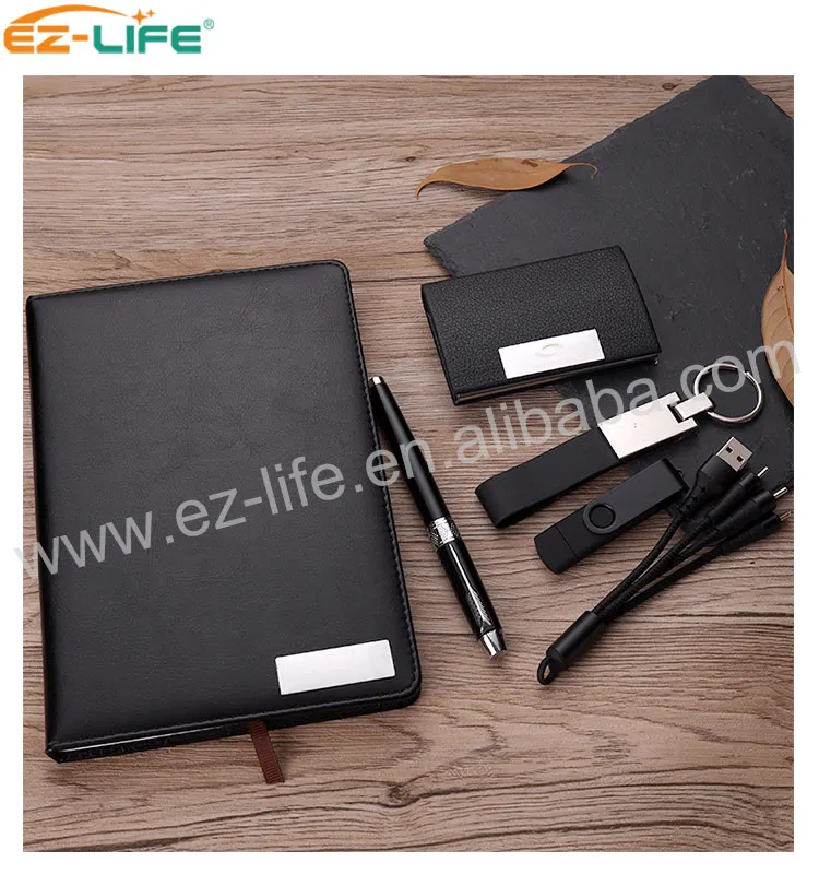 Top quality excutive gift Pen Promotion with Black Notebook Keychain Waller Pen Power bank and 8G USB Flash disk for man office