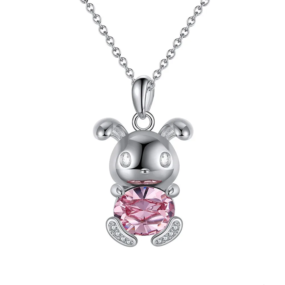 Fine jewelry 925 silver bear necklace pink crystal necklace for girls