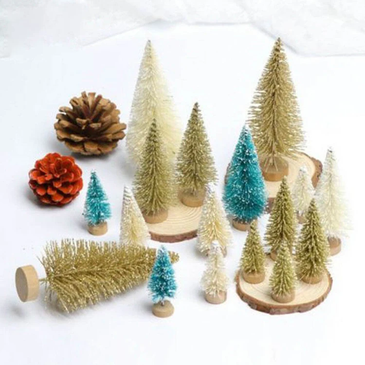 Handmade Winter Snow Ornaments Green Ivory Gold Mini Bottle Brush Christmas Tree Set