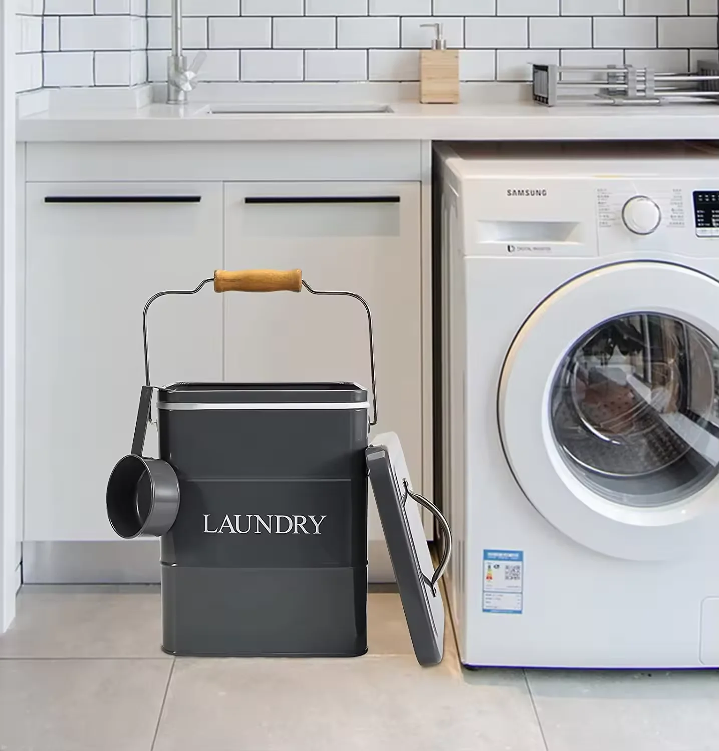 Laundry Room Organization Storage Home Metal Laundry Powder Box With Lid And Wooden Handle