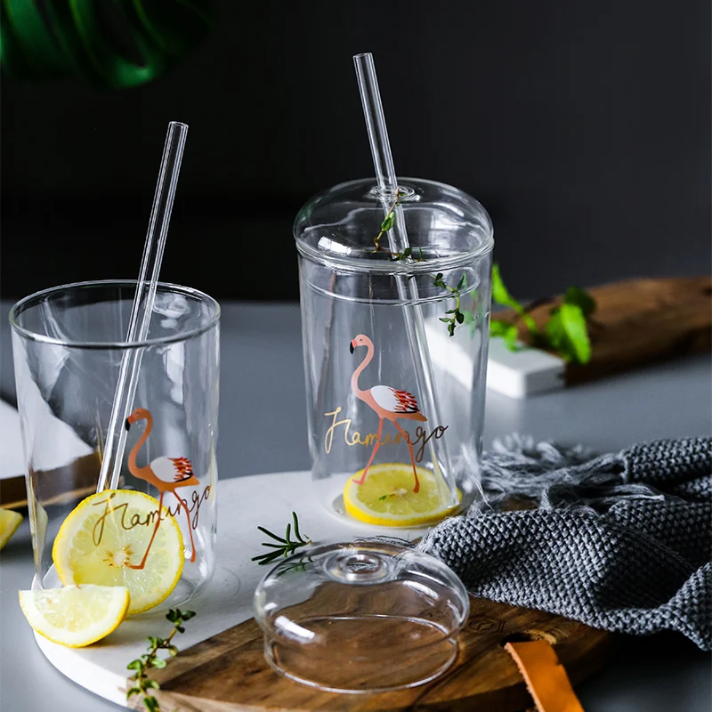 Customize OEM Logo Printing Borosilicate Glass Drinking Cups With Straw