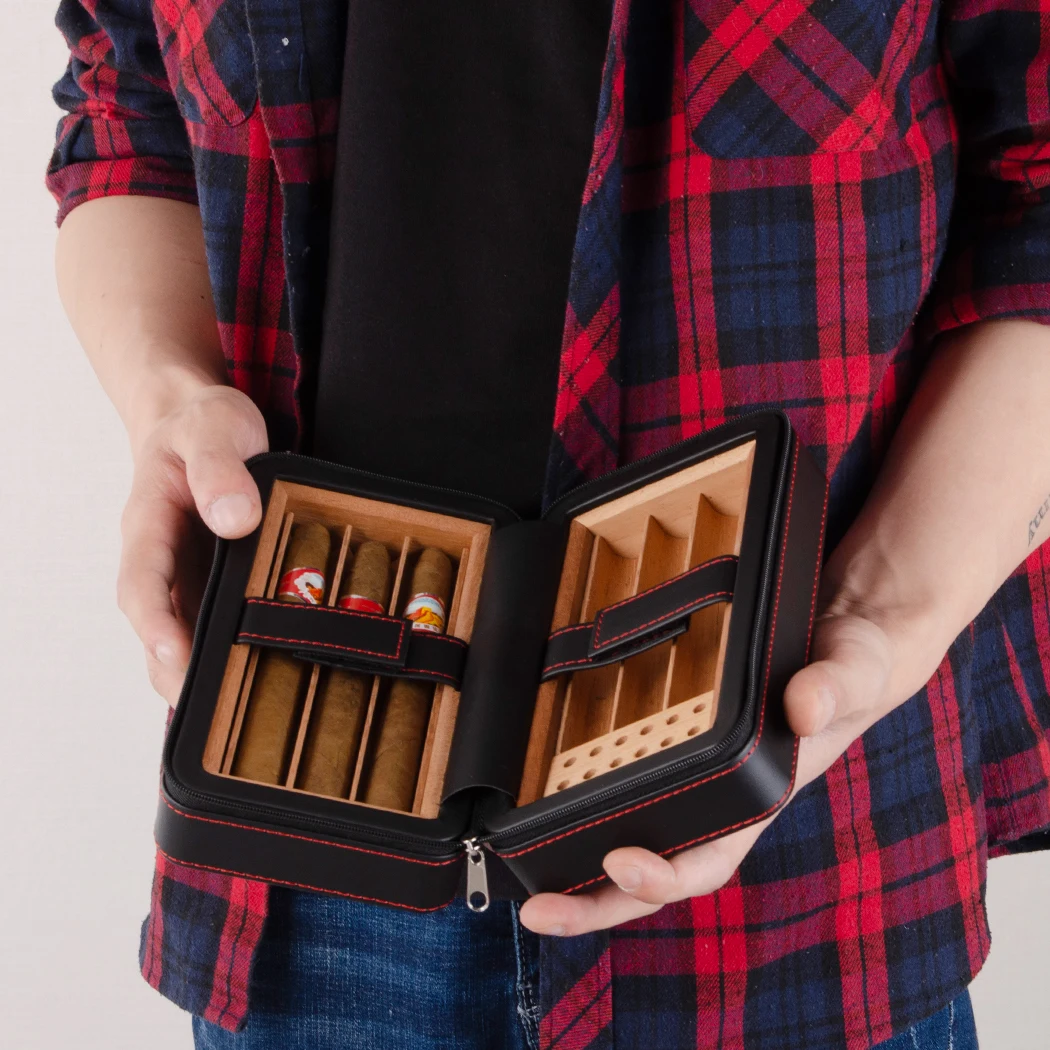 China Manufacturer Waterproof Leather Travel Cigar Humidor Wooden Cigar Box Case