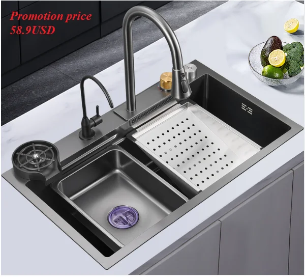 Nano 304 Single Bowl Stainless Steel Handmade Undermount Waterfall Faucet Farmhouse Kitchen Sinks