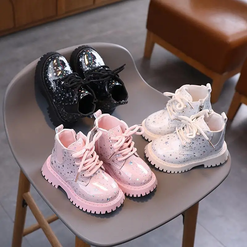 Star Pattern Fashion Kid Short Boots Girl British Style Child Shoe Ankle PU Leather Boot Autumn Winter Waterproof Shoe Boot