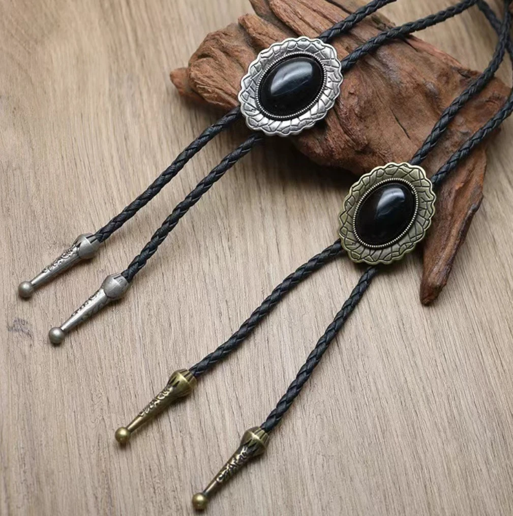 Hypoallergenic eco brass Western Cowboy  bespoke black onyx Bolo Tie Obsidian Retro Necktie Bootlace Ties custom Bolo Tie