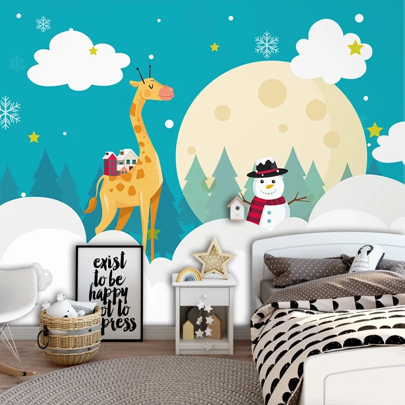 Custom Mural Art Cartoon Hand Painted White Clouds Giraffe Snowman Moon Kids Room Baby Room Bedroom Photo Wallpaper For Walls 3D
