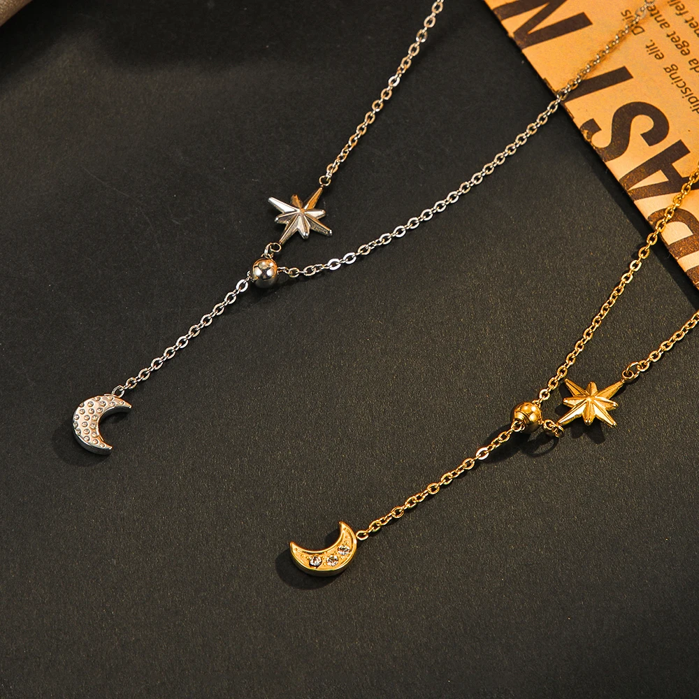14K Gold PVD Plating Stainless Steel Fashion Elegant Design Star And Moon Pendant Necklace Women Jewelry