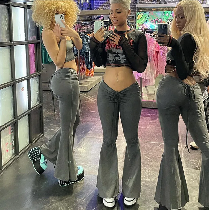 Fashion trend trouser women plus size sexy drawstring solid color slim fit flare pants