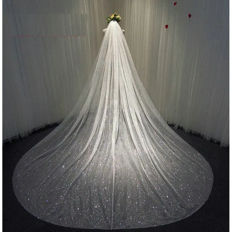 Qushine Shiny Dazzling sequin lace veil bridal long wedding dress veil