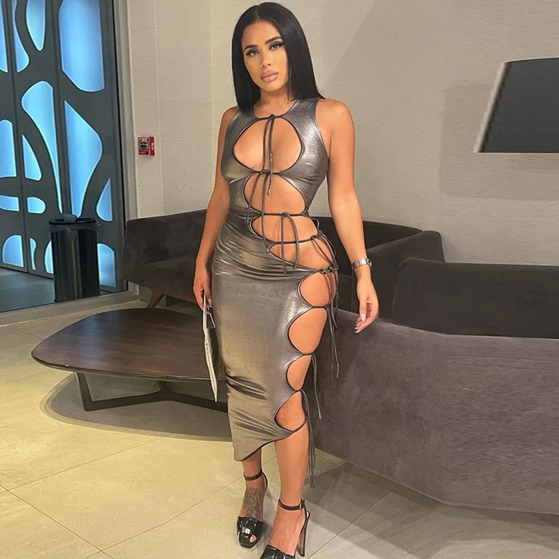 High Quality Women O Neck Sleeveless Sexy Hollow Out Lace Up Midi Dress Women Clothing Summer