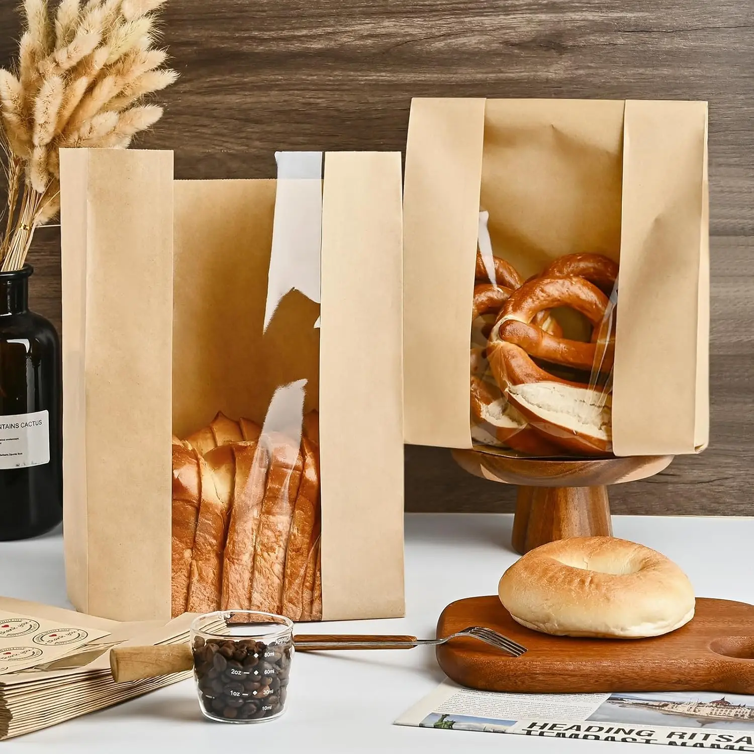 Custom Logo Paper Bread Loaf Bag Kraft Snack Food Packaging Bakery Bag With Window
