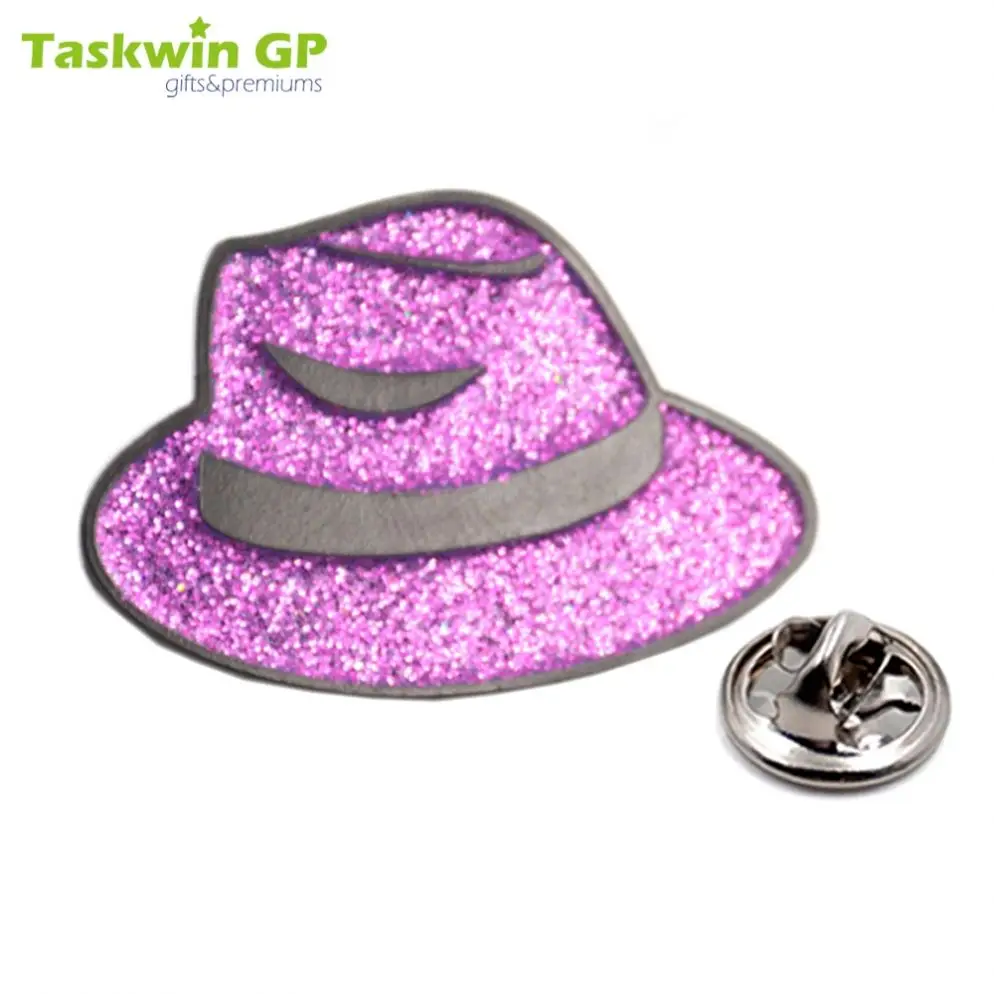 Taskwingifts Custom Design Metal Glitter Powder Hat Shape Lapel Pin Badge
