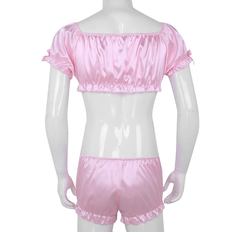 Cheap Sissy Sleepwear Set Soft Silky Short Sleeves Crop Top with Bloomers Boxer Briefs Satin Lingerie For