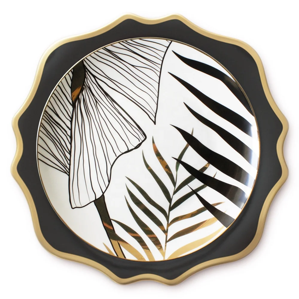 Wholesale high quality fine bone china dinnerware set black rimmed ceramic plate sets