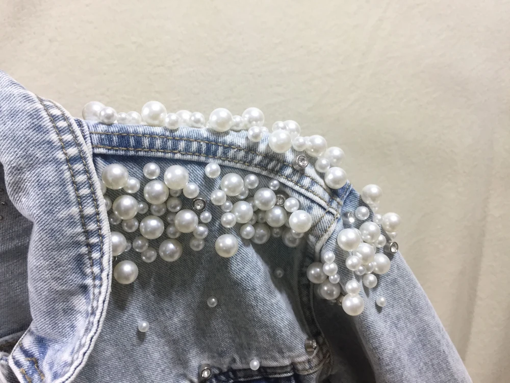 wholesale jacket Ladies short denim jacket women foreign trade beaded pearl loose autumn and winter new denim jacket