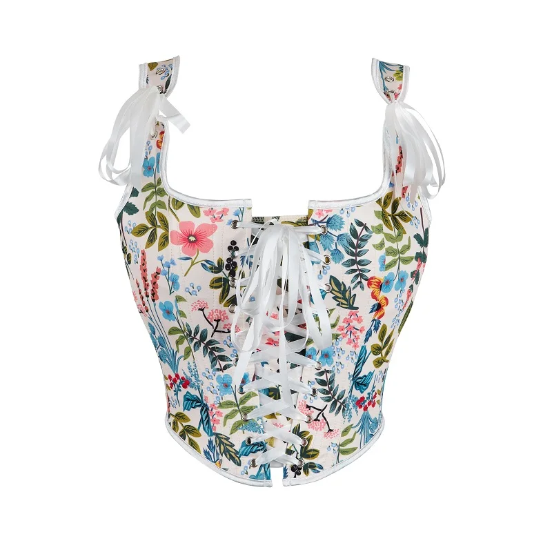 Women Court Vintage Floral Print Vest Sexy Corset Fishbone Push Up Strap Bustier Tank Top Lace Corset