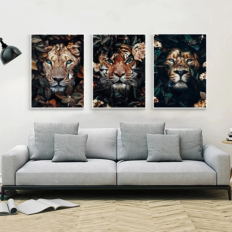 Flower Animal Lion Tiger Deer Leopard Abstract Canvas Painting Wall Art Nordic Print Poster Decorative Picture Living Room Decor
