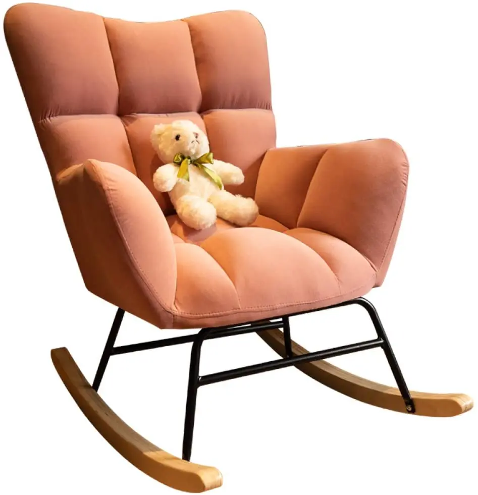 
Modern Wood Leg Wingback Lazy Chair Sofa Pink Living room Velvet Accent Leisure Rocking Chairs 