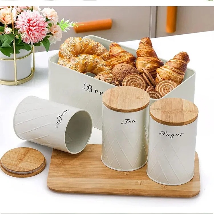 Set of 4 Bread Box and Canister Set for Kitchen Countertop Metal Bread Bin Sugar Tea Coffee Storage Canister with Lid