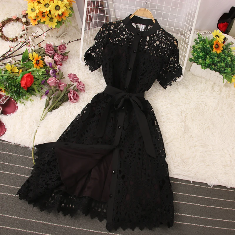 LY159  New Korean Chic Solid Color O Neck Hollow Out Midi Dress Women Sweet Dresses Clothing Wholesale 9