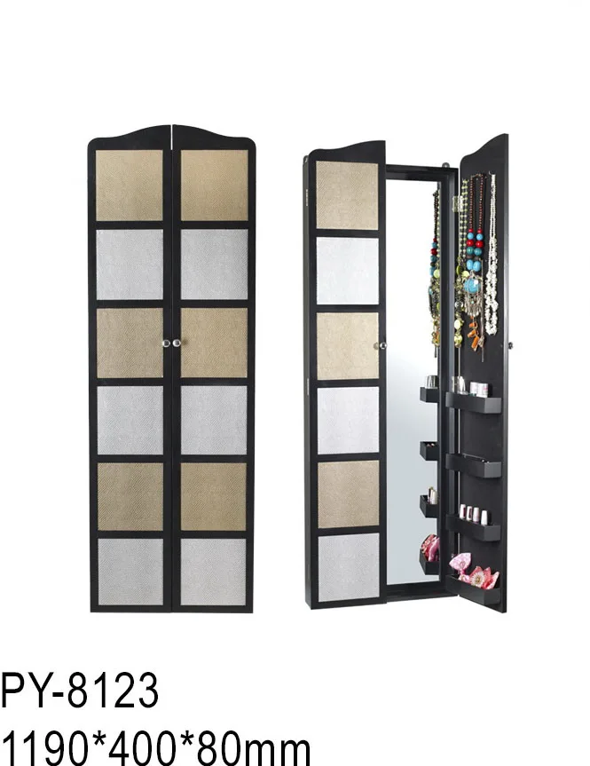 Wall Mounted Wooden Mirrorerd Jewelry Cabinet with Dressing Mirror Cosmetic Shelves Hooks inside Double Door and Vintage Designs