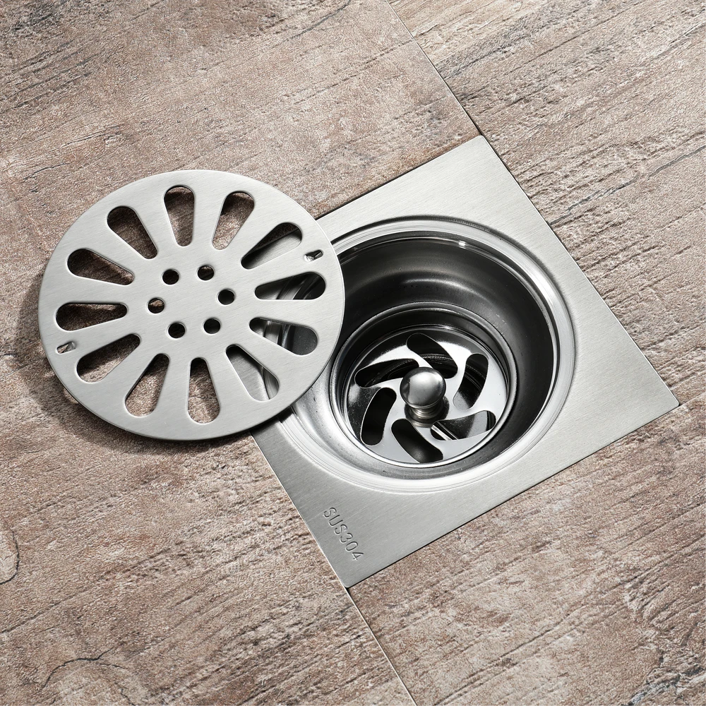 Bathroom Kitchen Toilet Shower Water Anti-odor Drains 12x12cm Stainless Steel Brushed Floor Drain