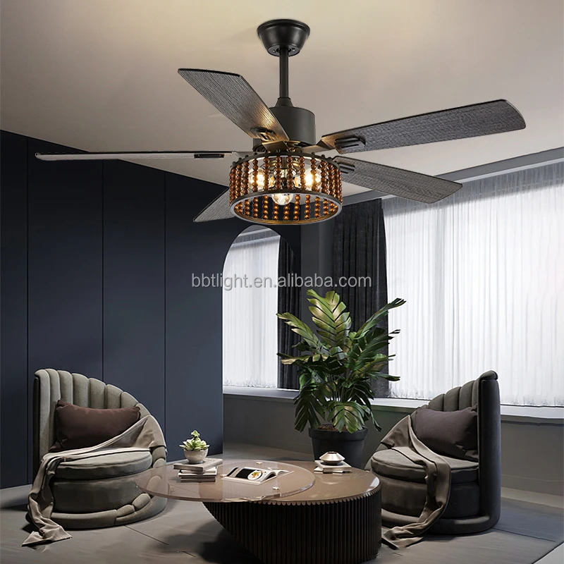 European style big wind fan light wooden leaf retro home with light remote control inverter ceiling fan