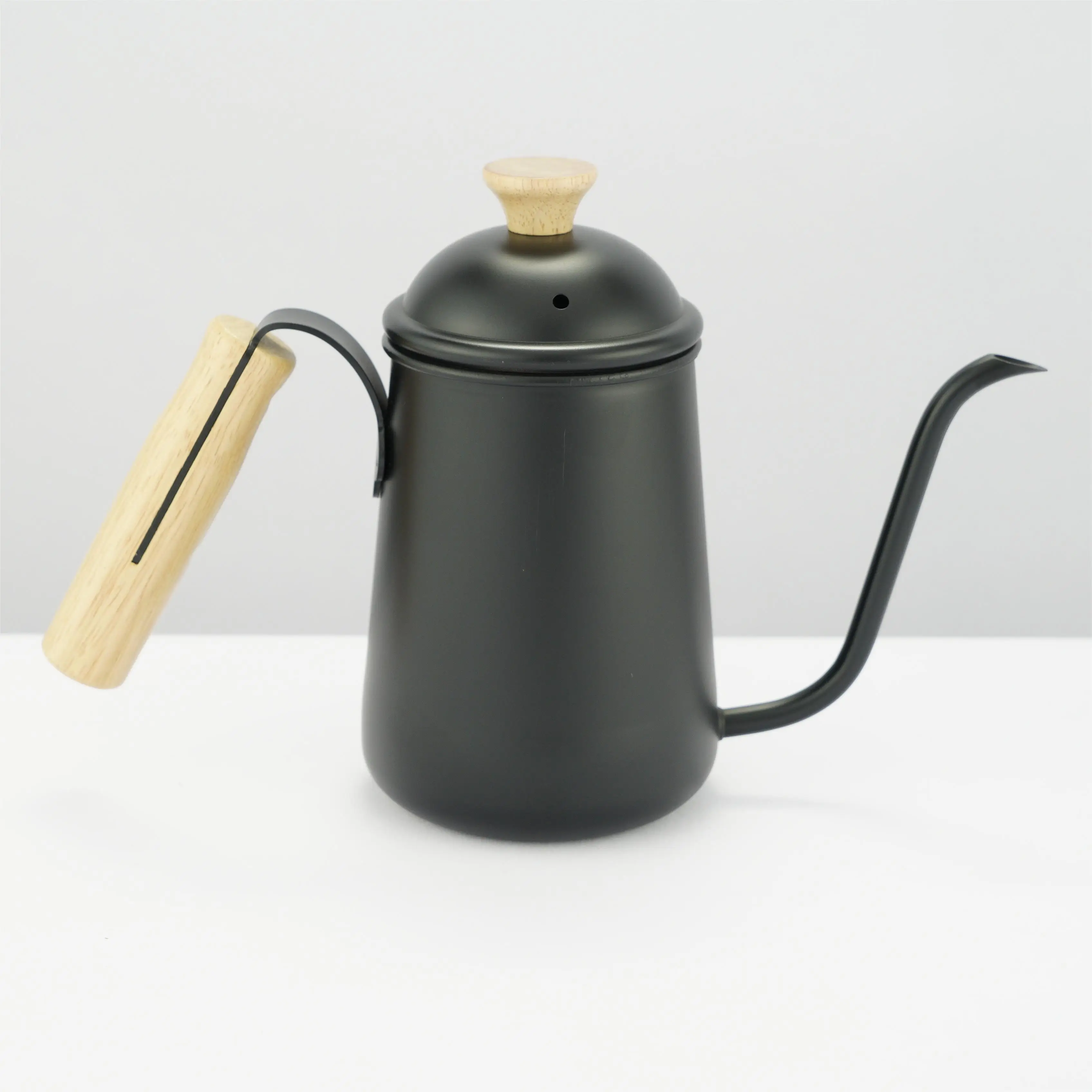 Japanese Style 600ml Stainless Steel Pour over Drip Coffee Kettle Portable with Black Safety Coating Wooden Handle Kitchen Set