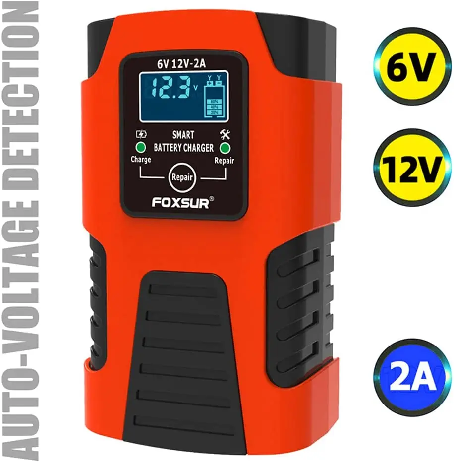 Foxsur Automatic Car Battery Charger 6V/12V 2Amp with LCD Display Intelligent Battery Charger