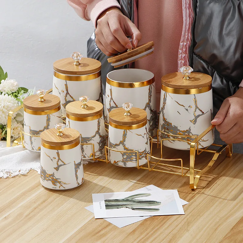 Wholesale Luxury Gold Marble Container Set Seasoning Condiment Jars Set Kitchen Ceramic Storage Jar