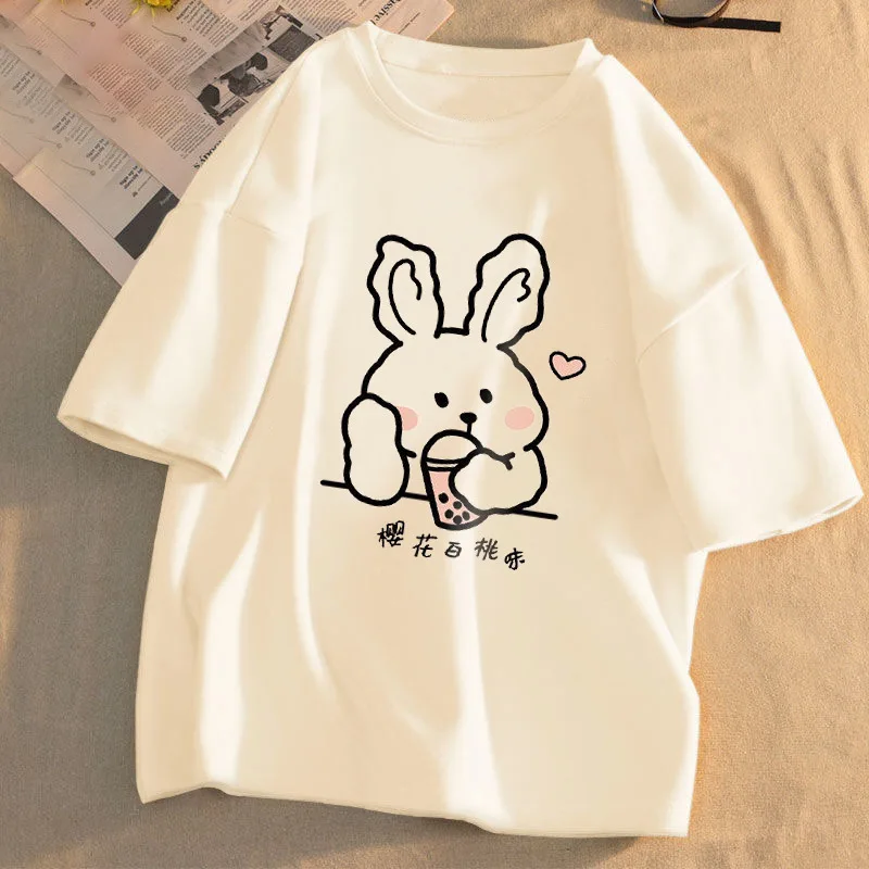 2022 Summer New Korean Version Round Neck T-shirt Print Cute Women Loose Cartoon Casual Short-sleeved Women Large Size Knitted