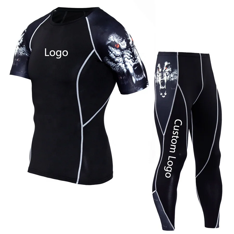 Men Workout 2 PCS Running Fitness sportswear Quick drying Leggings Sport Printing Short sleeve Tight Athletic Gym Clothing Set