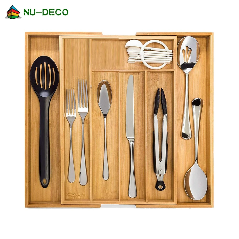 100% Натуральный Бамбуковый растягивающийся кухонный Регулируемый лоток для столовых приборов, ящик-органайзер с ножом-блоком